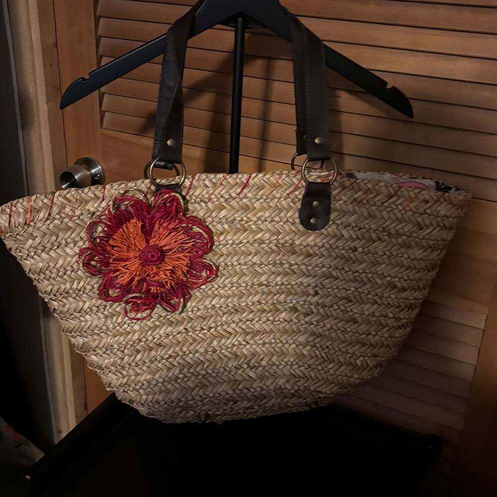 Redfish Designs Boutique Straw Tote with Embroidered Flowers